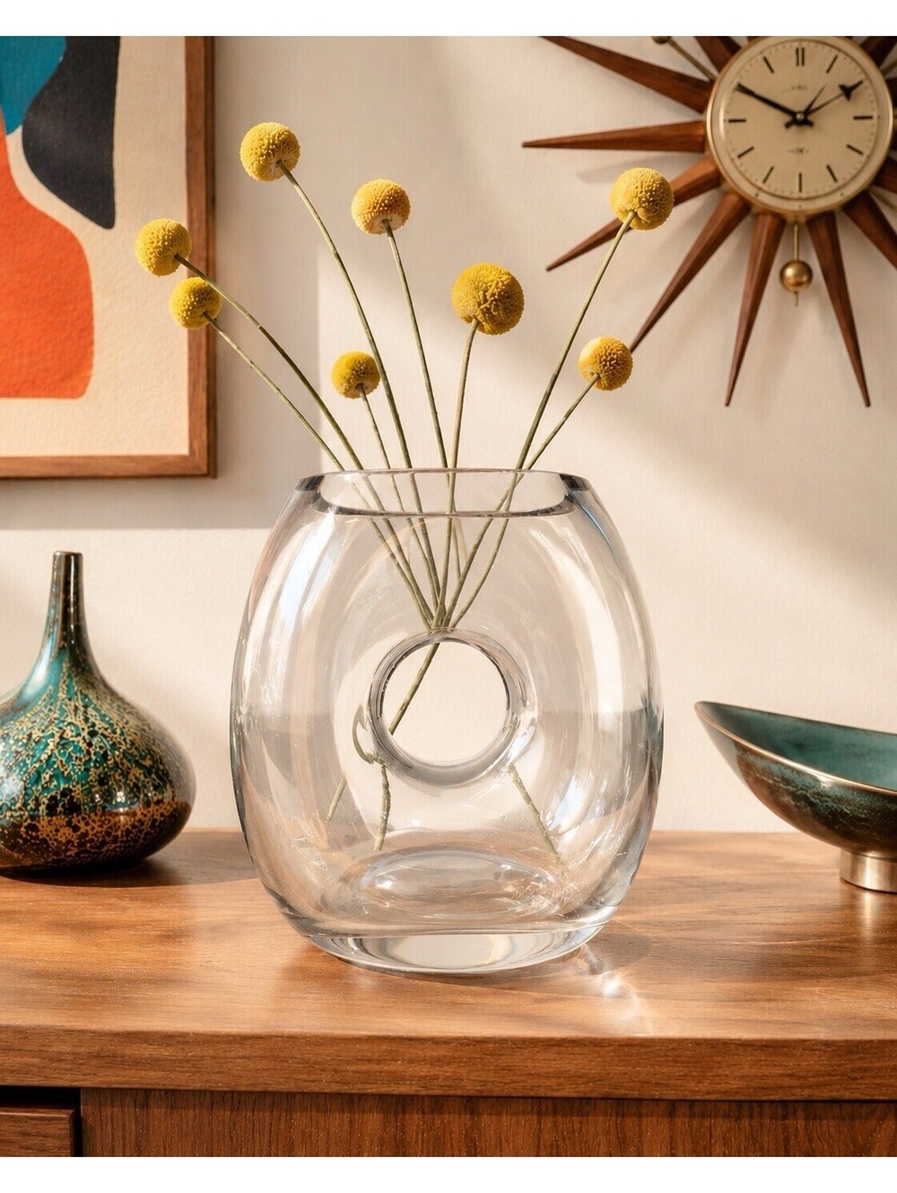 Pasabahce Turkey 2000s Doughnut O Vase Handblown Art Glass Clear, 4.5x7”
